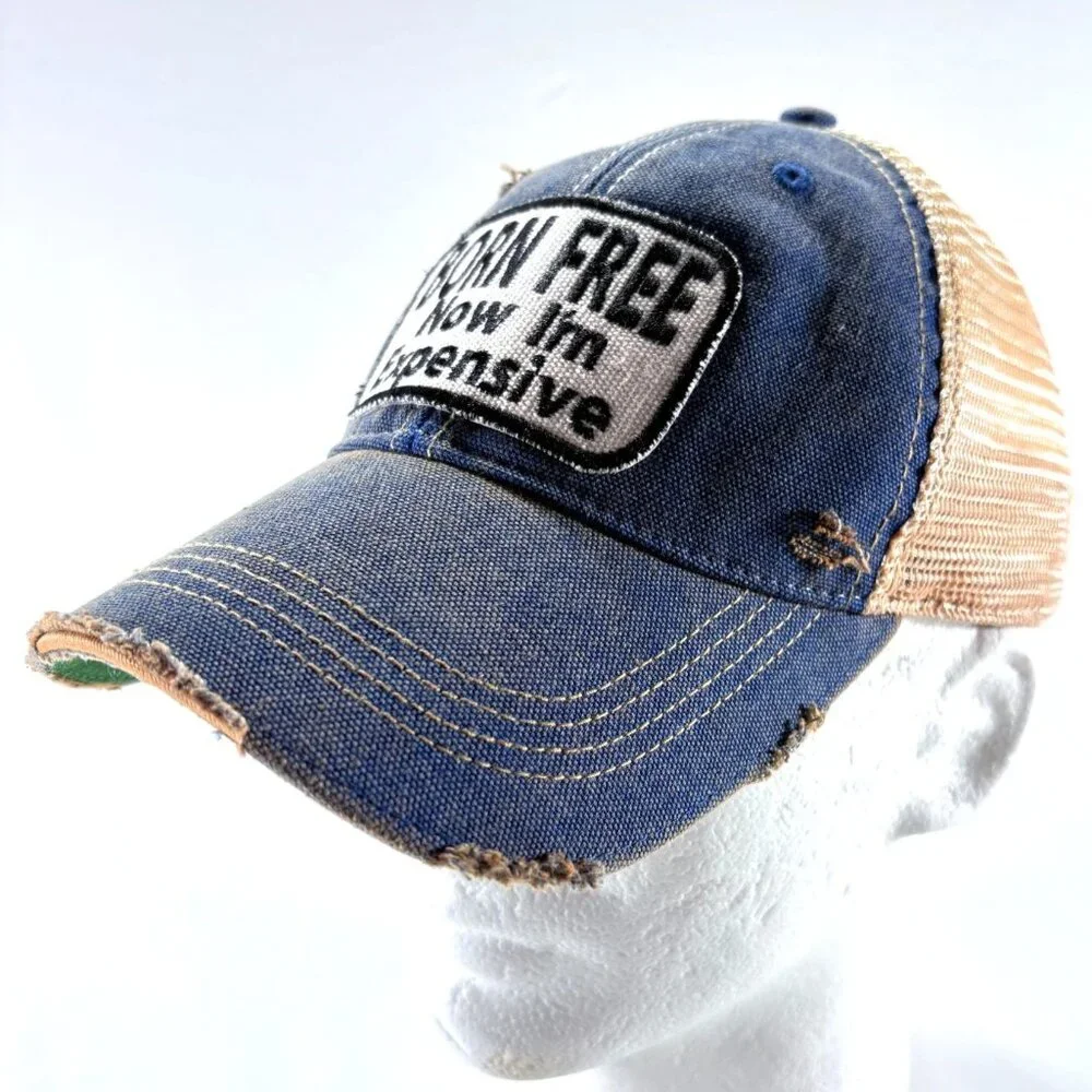 Wild Oates Born Free Now I'm‎ Expensive Denim Distressed Snapback Trucker Hat